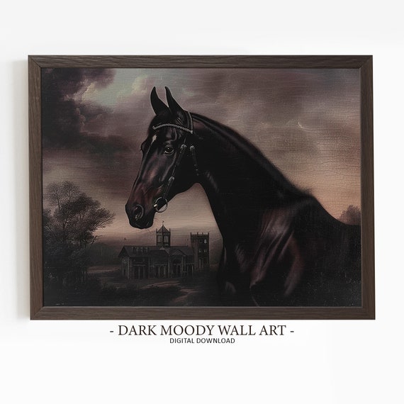 Antique Black Horse Painting Dark Academia Decor Moody Vintage Farmhouse Print Rustic Wall Art