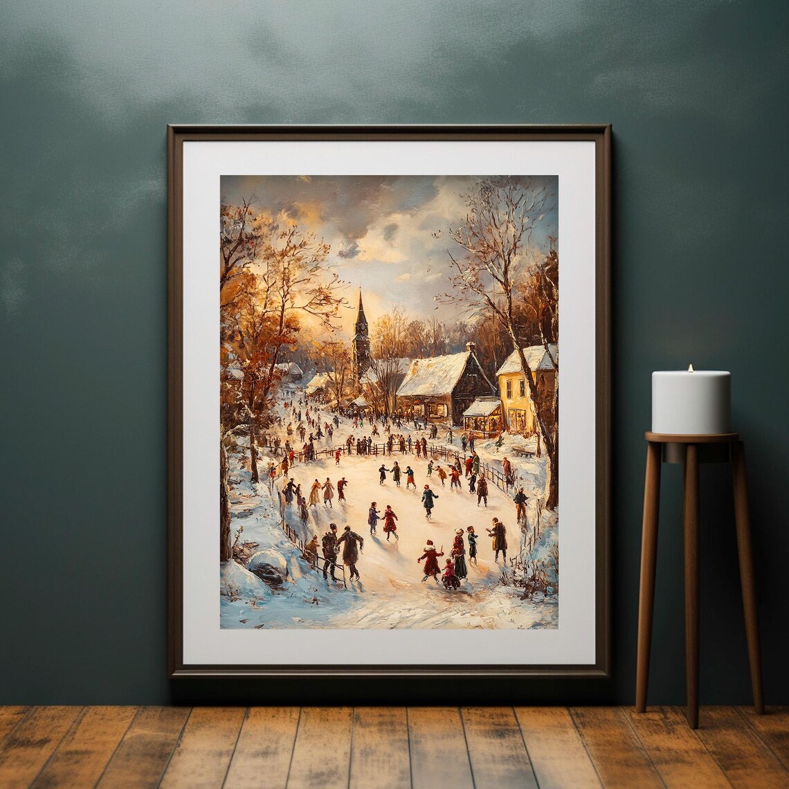Ice Skaters on Frozen Village Pond Golden Winter Sunset Wall Art - Image 4