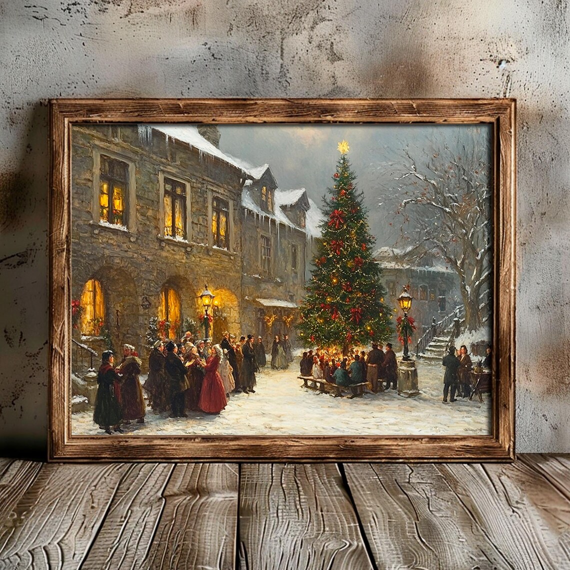 Vintage Christmas Village Wall Art Victorian City Town Street During Christmas Winter Snowy Painting Print - Image 5