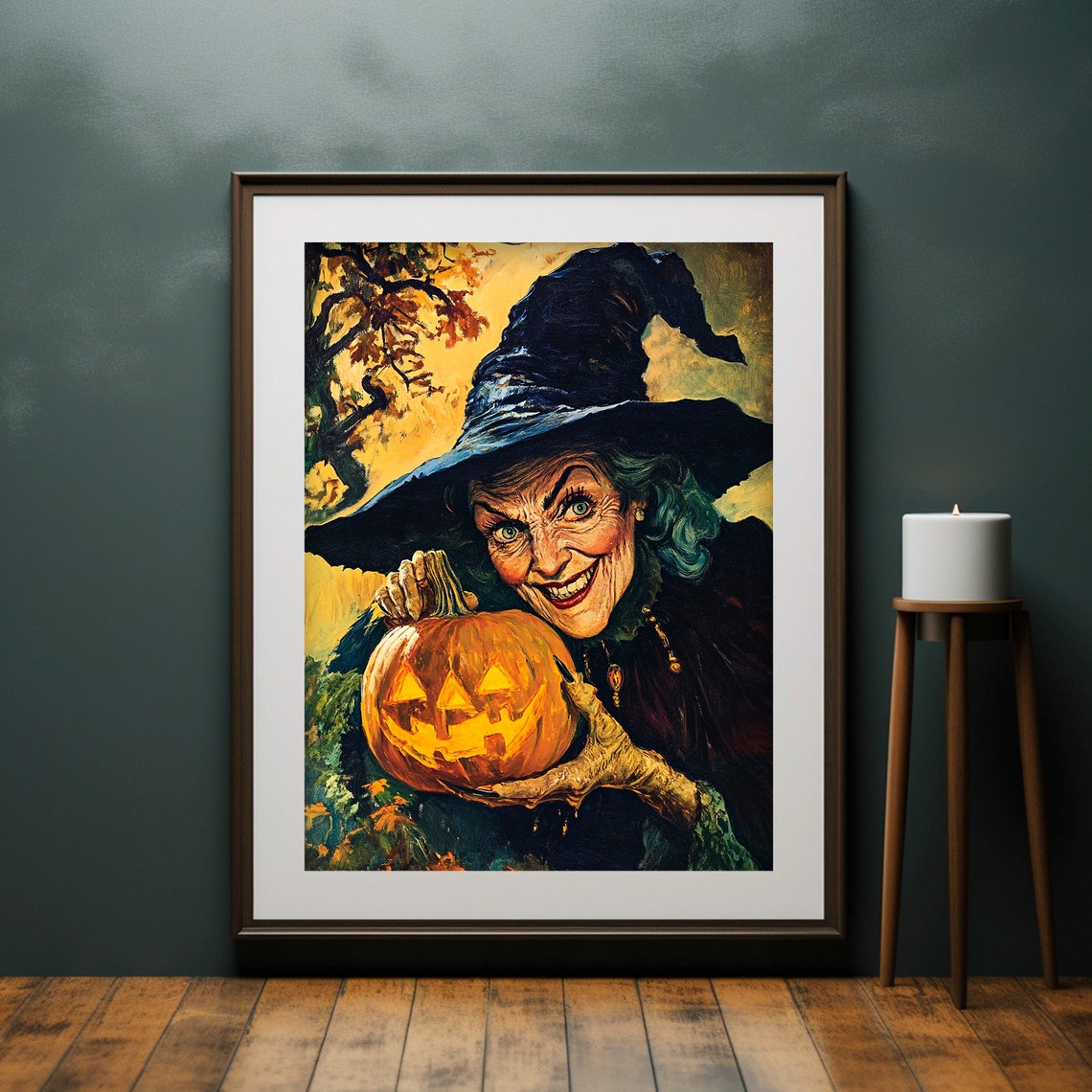 Old Witch Holding Glowing Jack O Lantern Vintage Halloween Poster - Image 4