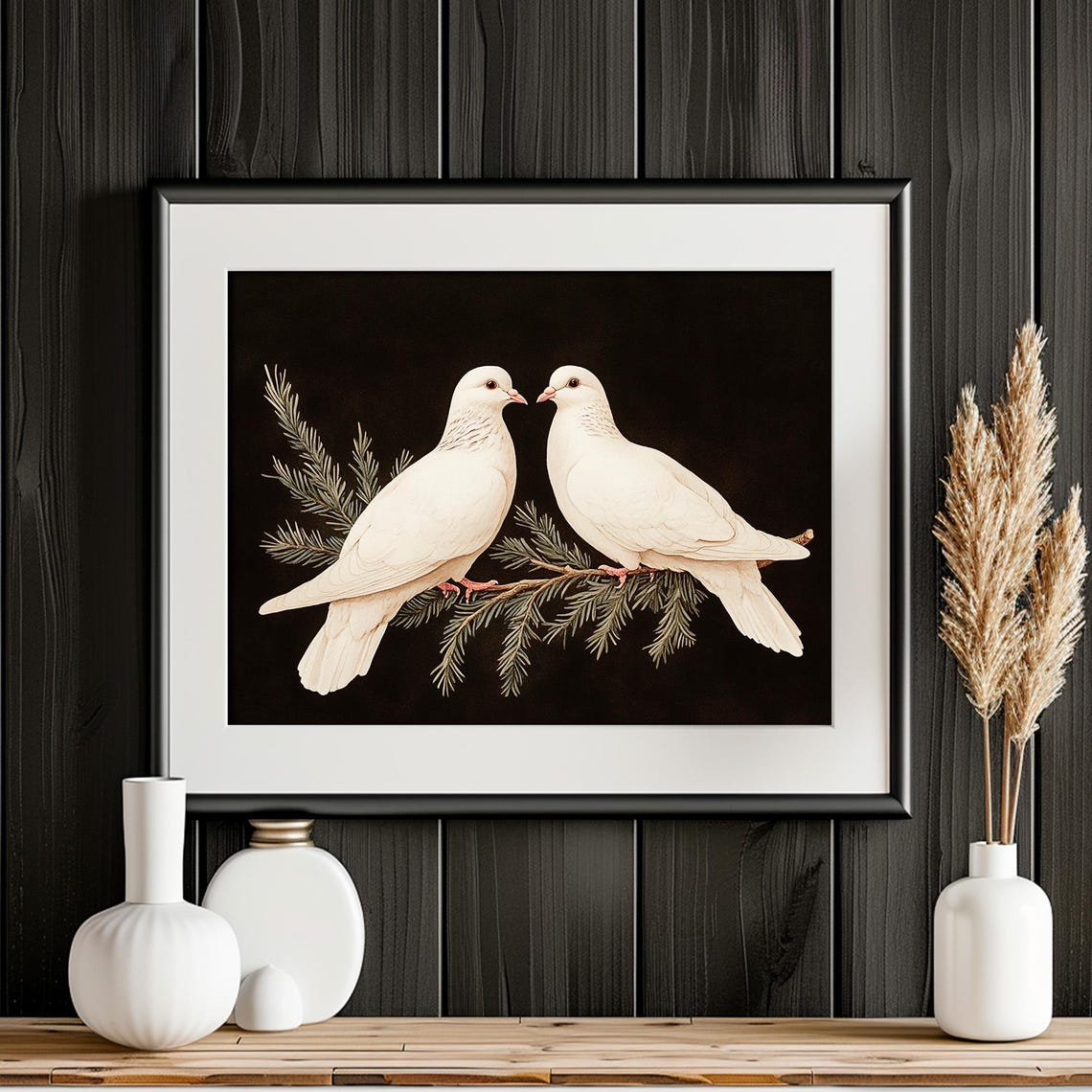 Two White Doves Christmas Winter Birds On Evergreen Branch Wall Art - Image 4
