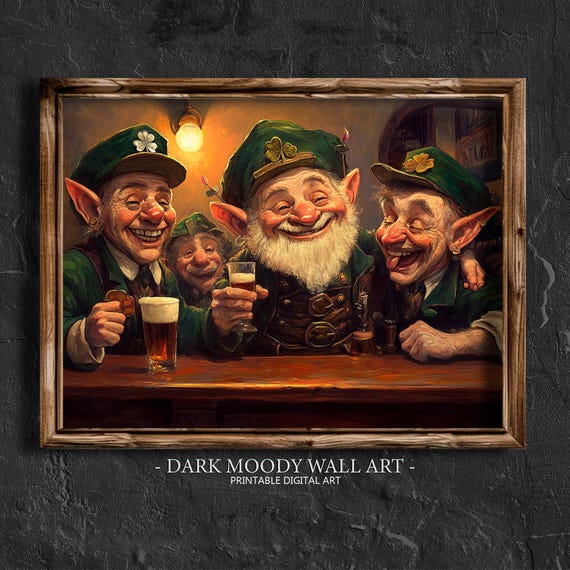 Leprechaun In Irish Pub Print Vintage St Patricks Day Decor Dark Moody Gnomes Painting