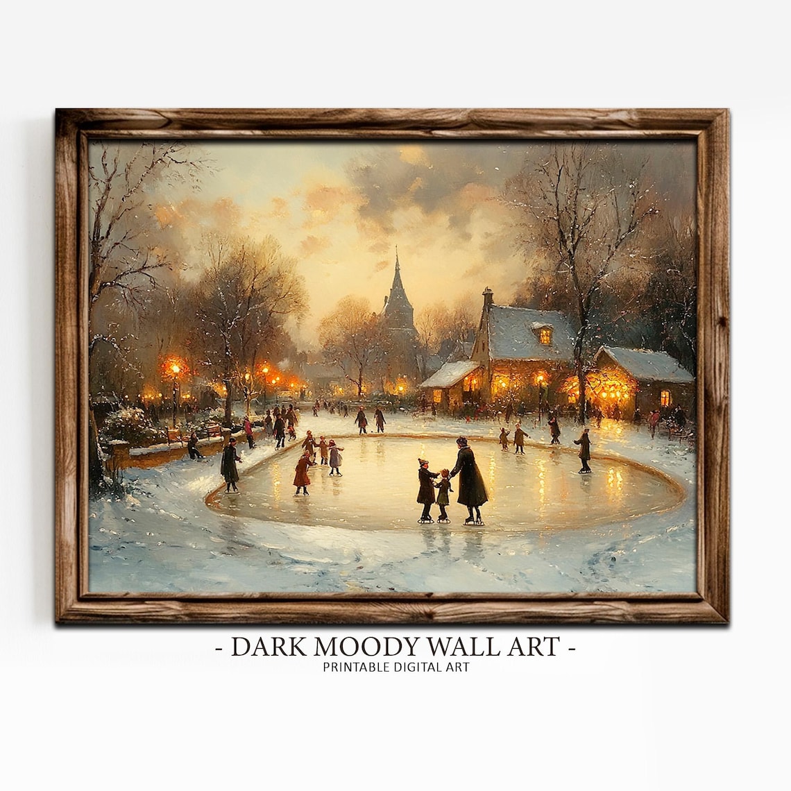 Dusk Skating Pond Town Families Church Spire Vintage Painting Poster