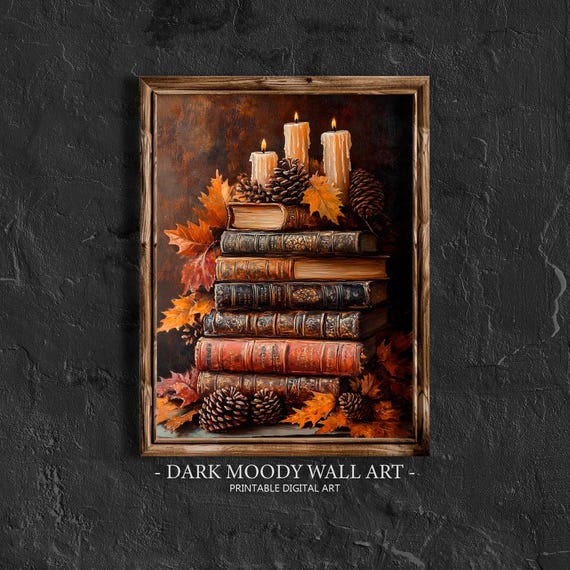 Rustic Fall Decor Wall Art Fall Book Stack Art Moody Wall Art Vintage Autumn Art Oil Painting Dark Academia Thanksgiving Decor