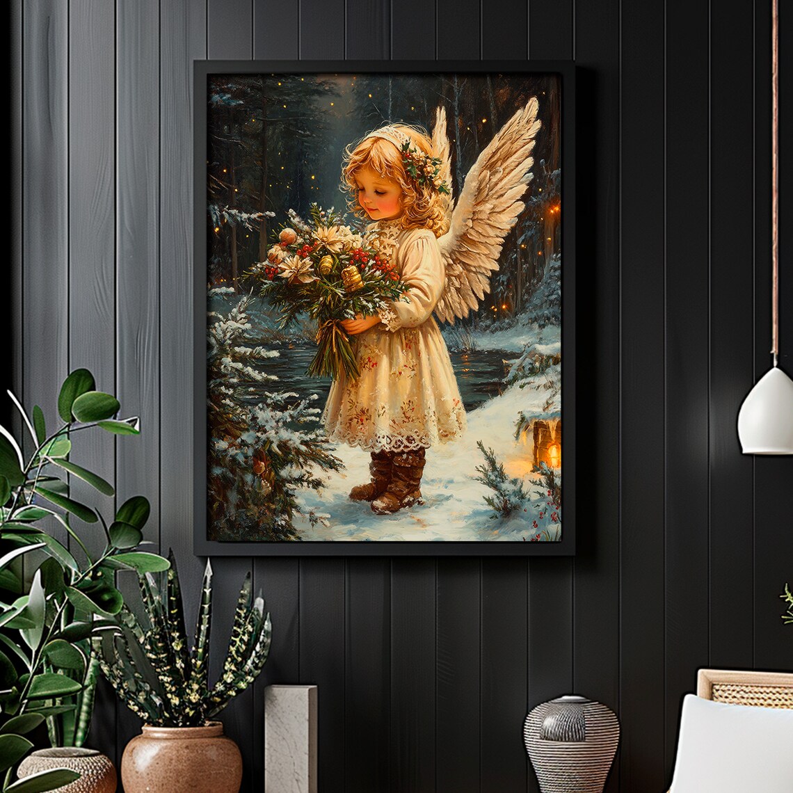 Angel Girl Holding Christmas Bouquet Snowy Forest Painting Poster - Image 5