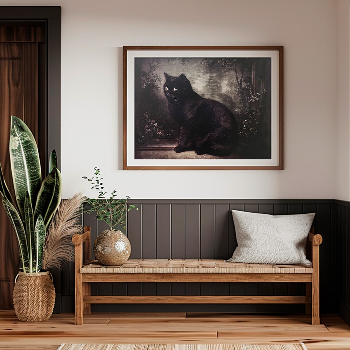 Black Cat Portrait Vintage Dark Moody Painting Antique Style Wall Art - Image 2