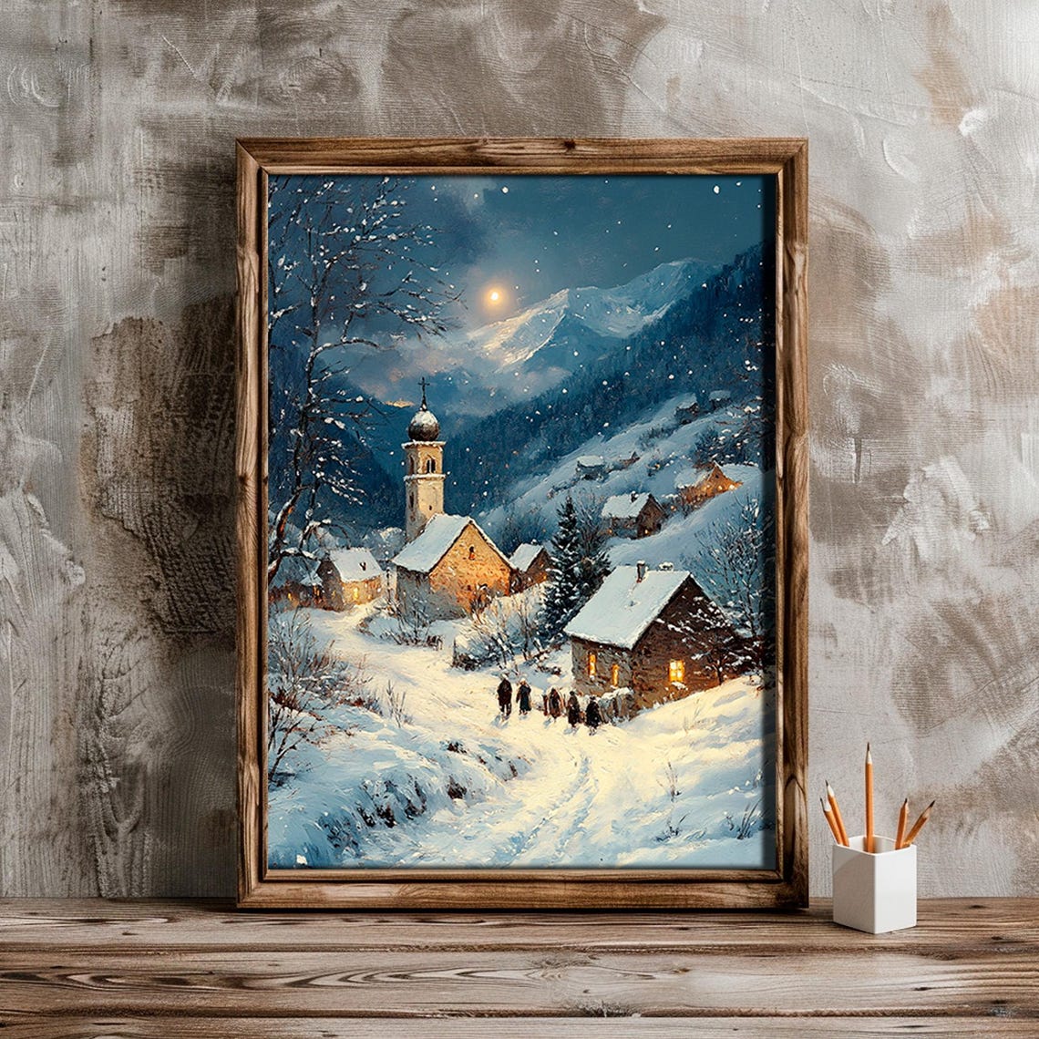 Alpine Village Moonlit Snow Night Winter Landscape Painting Poster - Image 2