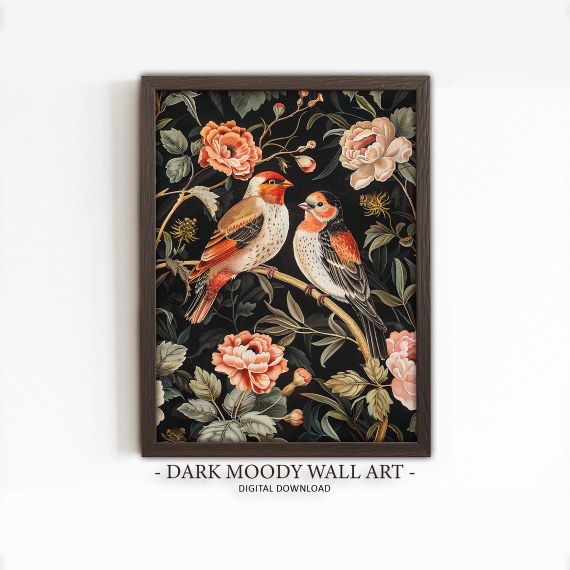 Bird Print Floral Dark Moody Art Botanical William Morris Print Black Background Art
