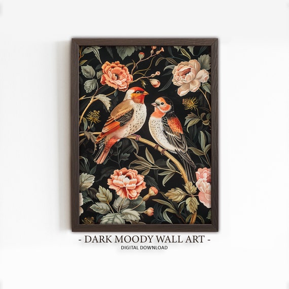 Bird Print Floral Dark Moody Art Botanical William Morris Print Black Background Art
