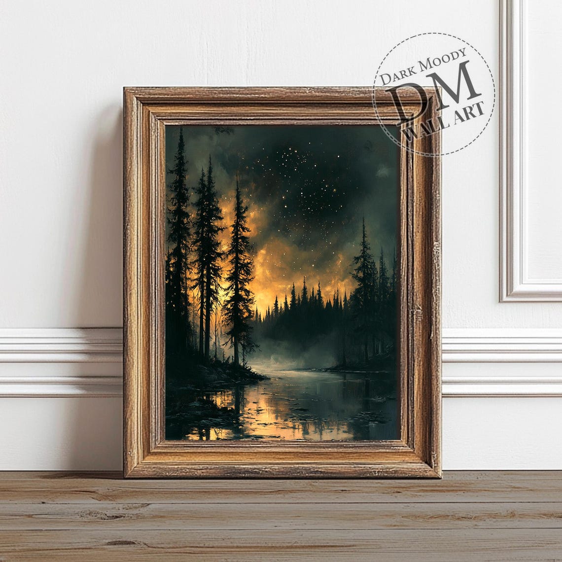 Mystic Night Forest Starry Lake Golden Glow Gothic Landscape Poster