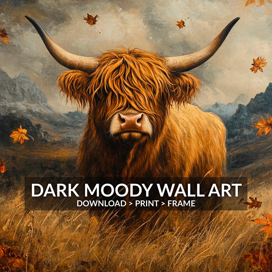 Highland Cow Autumn Mountains Rustic Farm Animal Portrait Wall Art - Image 6