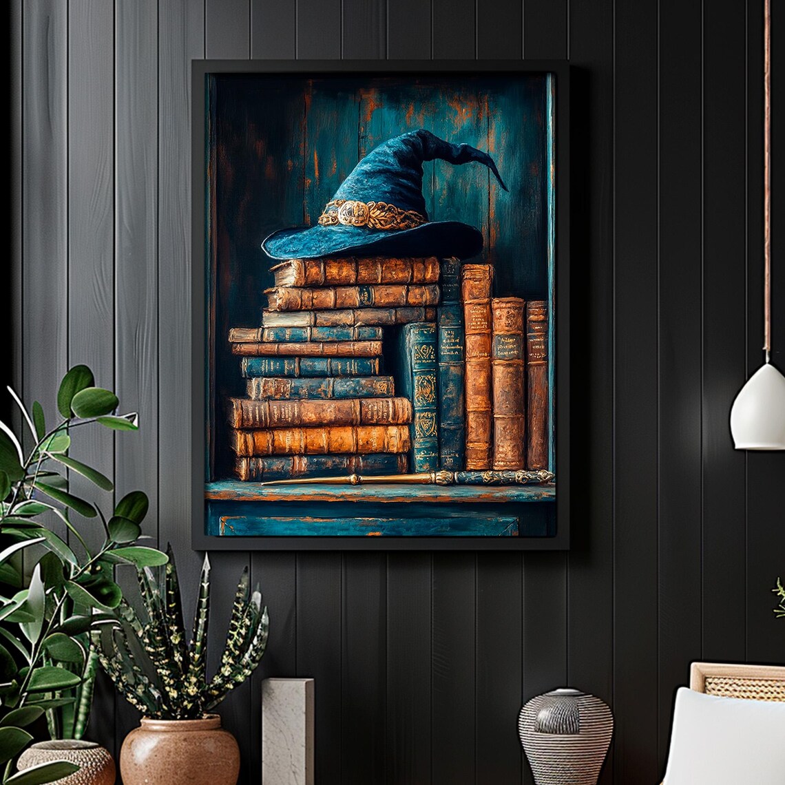 Blue Wizard Hat Magic Wand Stacked Vintage Books Teal Wall Poster - Image 2