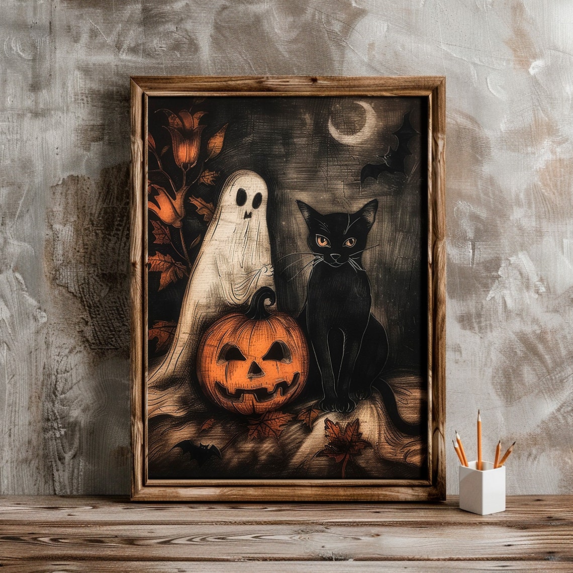 Ghost Black Cat Jack O Lantern Vintage Halloween Night Scene Poster - Image 4