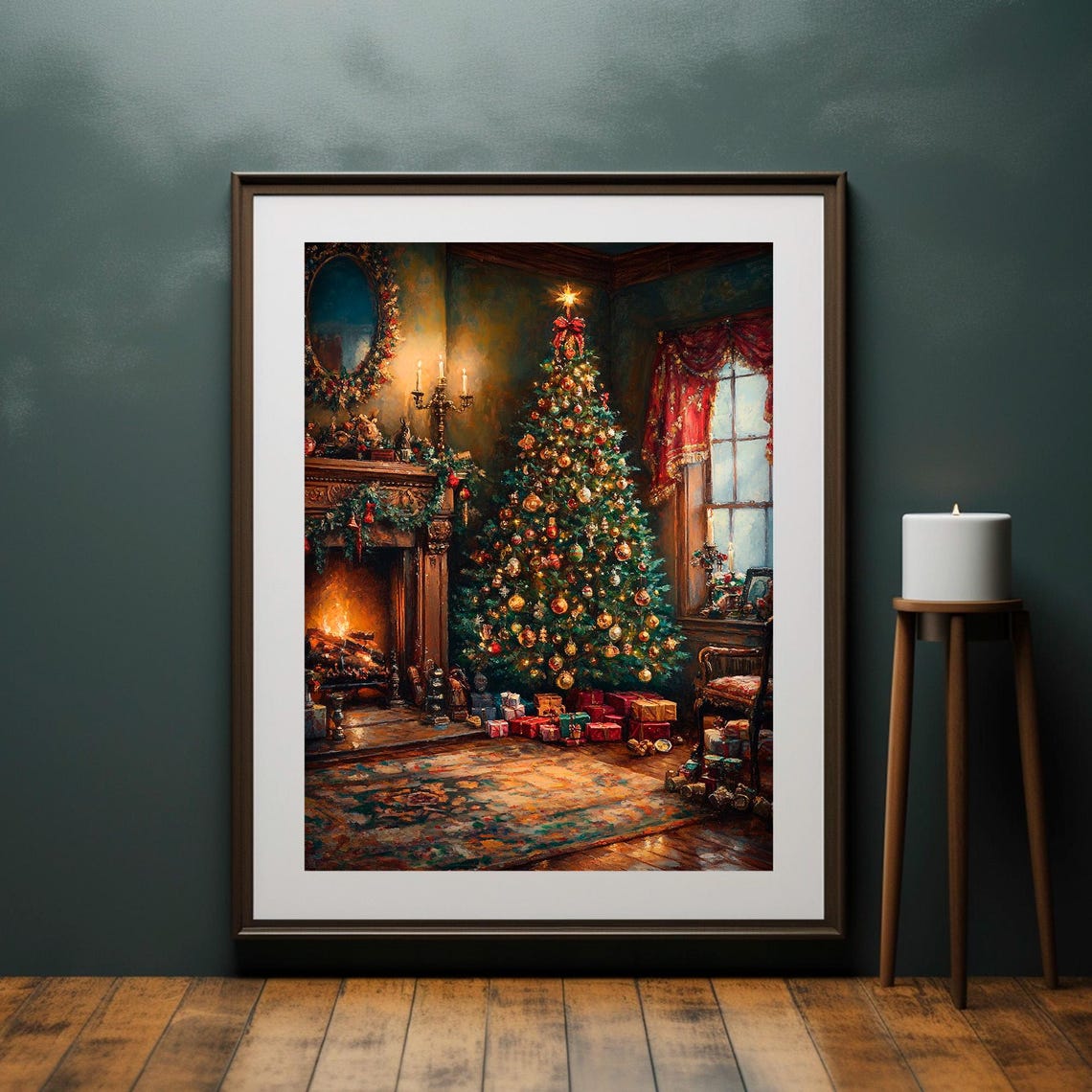 Victorian Christmas Room Tree Fireplace Wreath Red Drapes Poster - Image 4