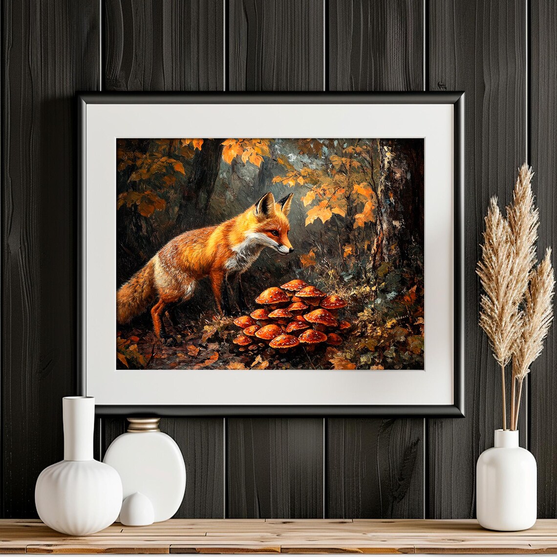 Red Fox And Mushrooms Autumn Forest Wildlife Painting Wall Art - Image 4