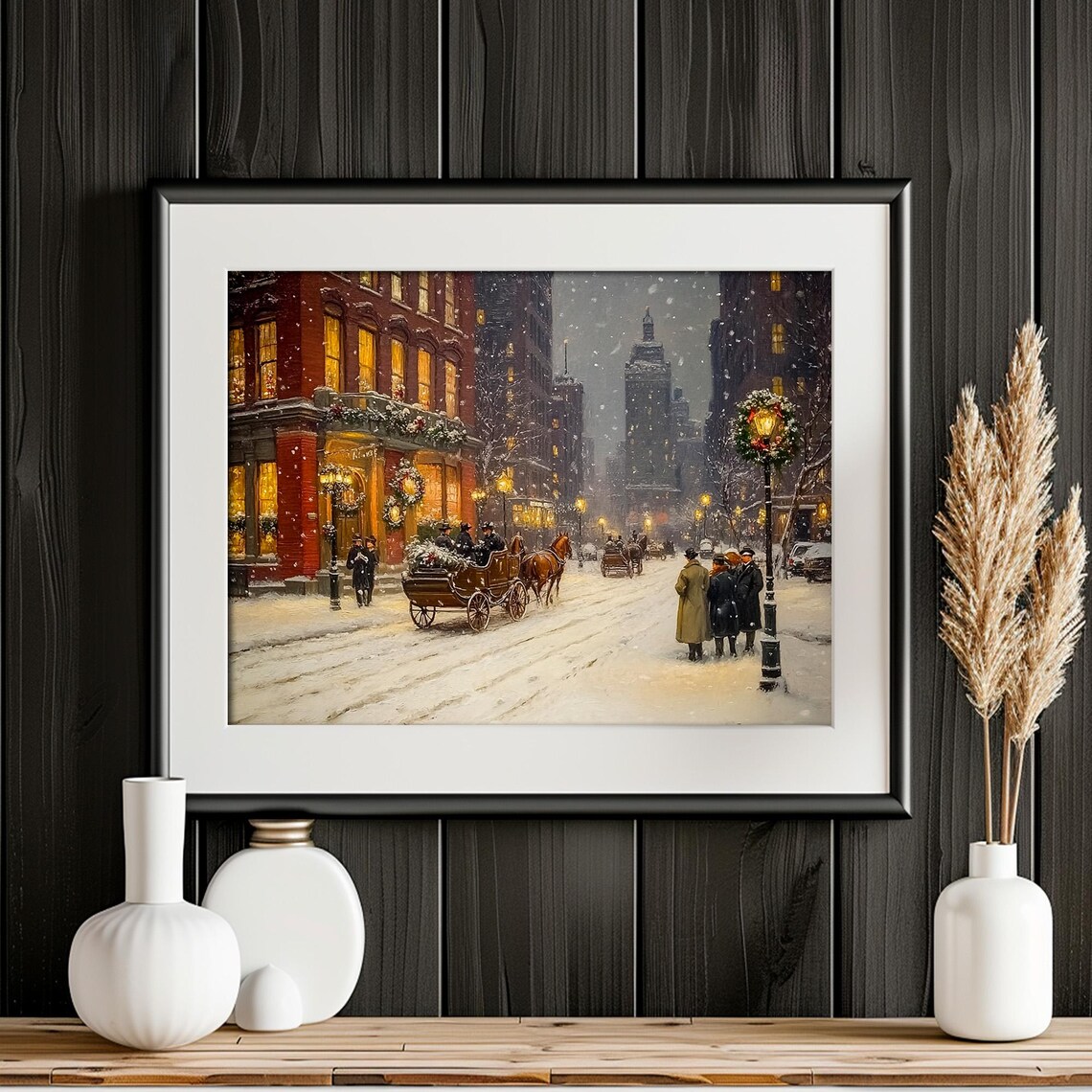 Victorian Horse Carriage Snowy Street Wreath Hotel Glow Poster - Image 5