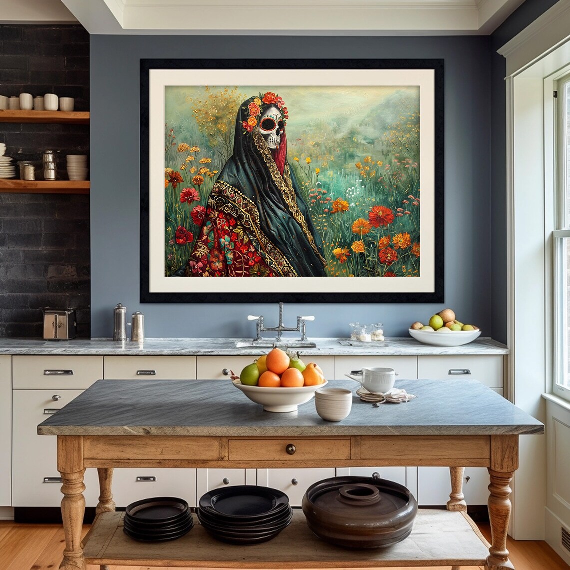 Calavera Catrina with a Flower Crown in a Wildflower Field Art Poster - Image 4
