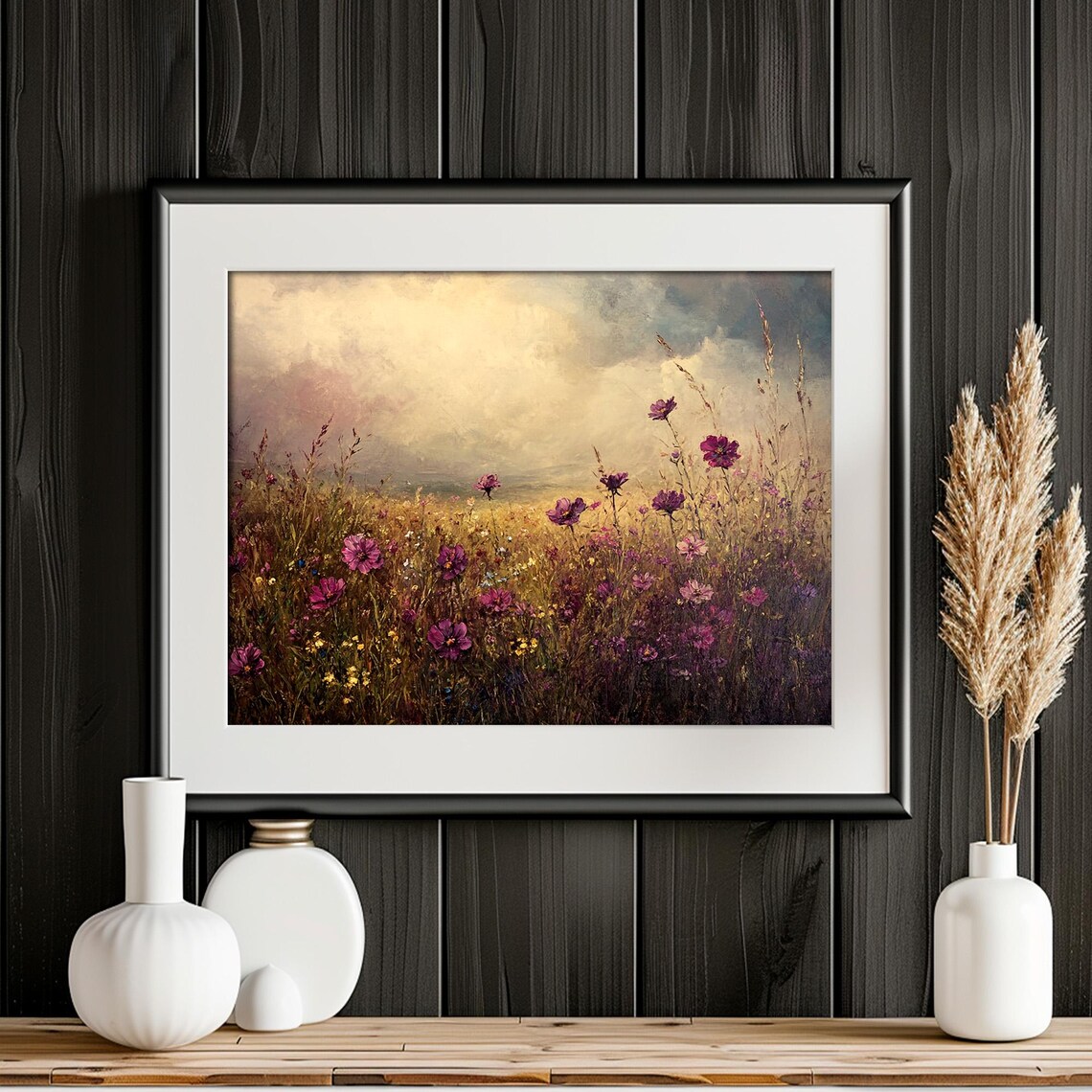 Pink Wildflower Meadow Under Moody Sky Rustic Cottagecore Botanical Poster - Image 3