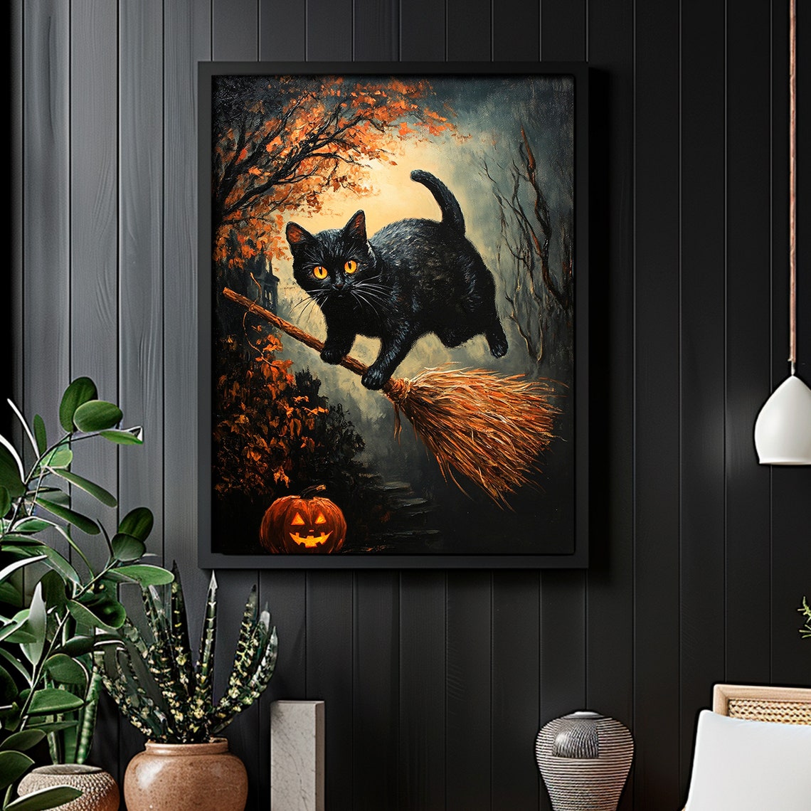 Black Cat Riding Broomstick Halloween Moonlit Night Flight Poster - Image 5