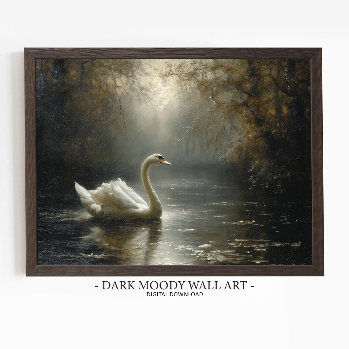 White Swan Art Print, Moody Rustic Landscape