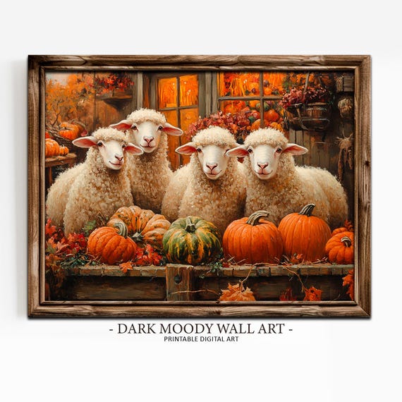 Fall Prints Sheep And Pumpkins Wall Art Rustic Home Decor Moody Fall Farmhouse Wall Art Thanksgiving Decor Autumn Wall Art