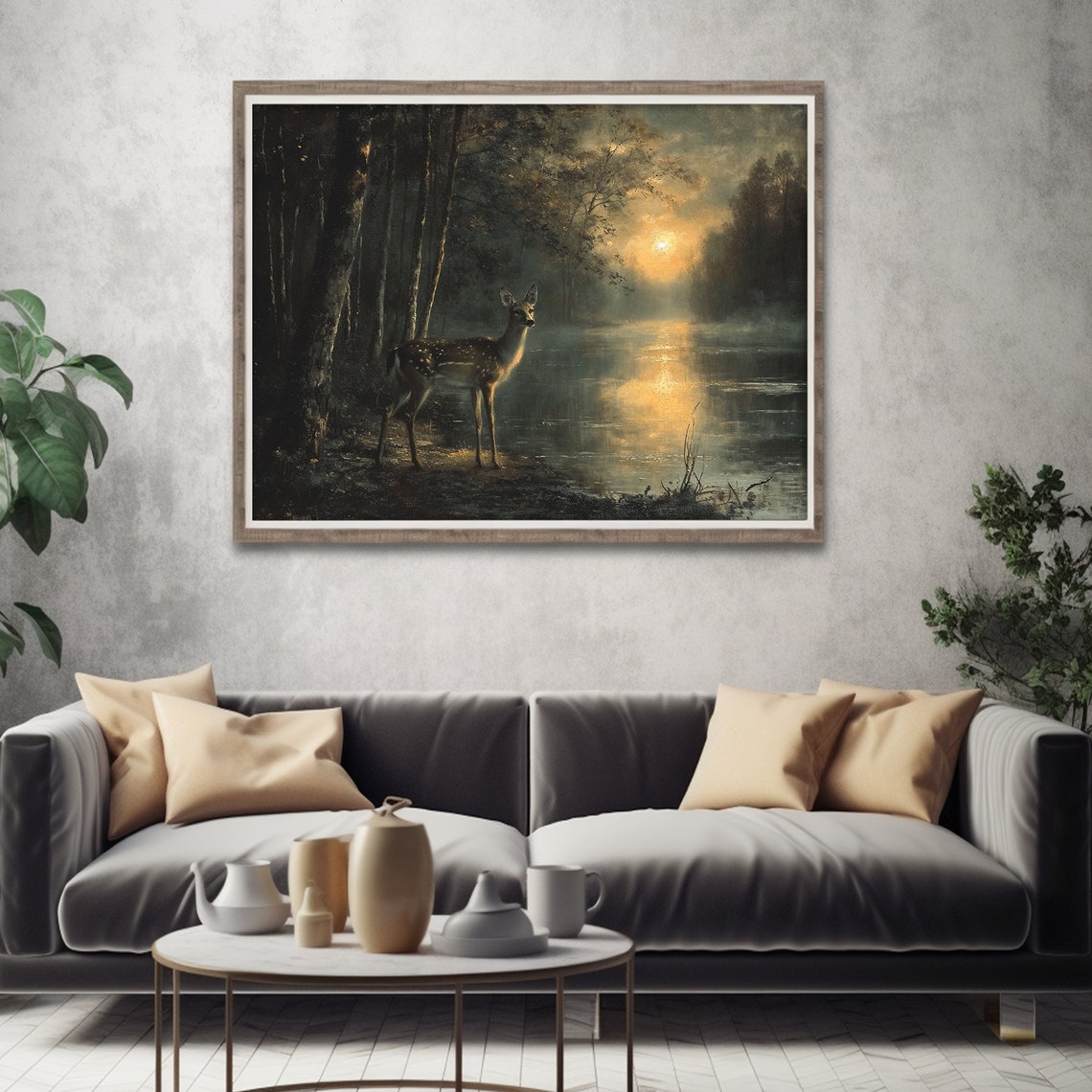 Deer By The Lake Sunset Reflection Dark Moody Forest Painting Poster - Image 5