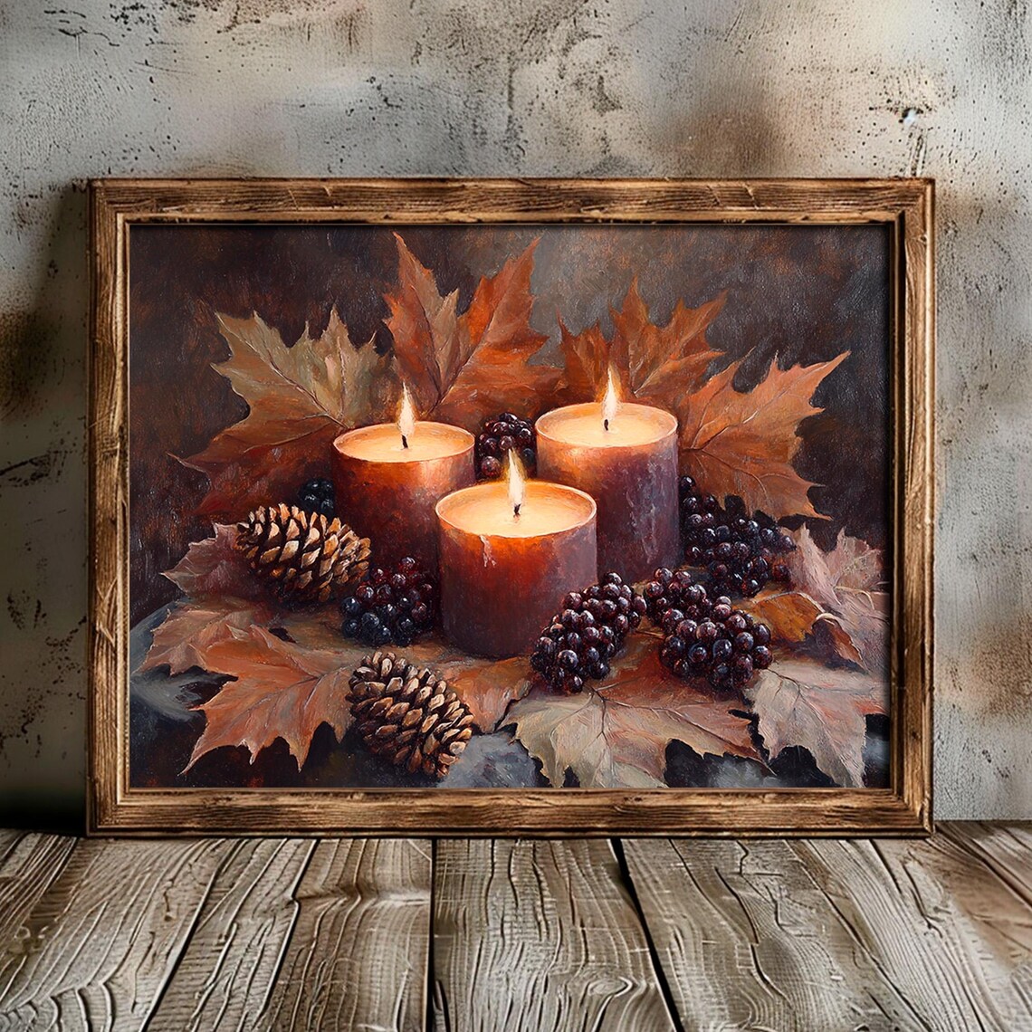 Three Glowing Candles With Autumn Leaves Pinecones Rustic Cozy Fall Poster - Image 2