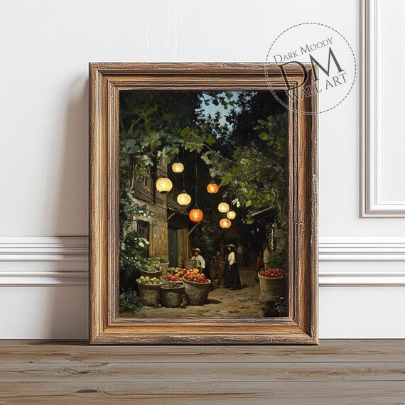 Mexican Evening Market Lanterns Fruit Baskets Rustic Oil Painting Poster