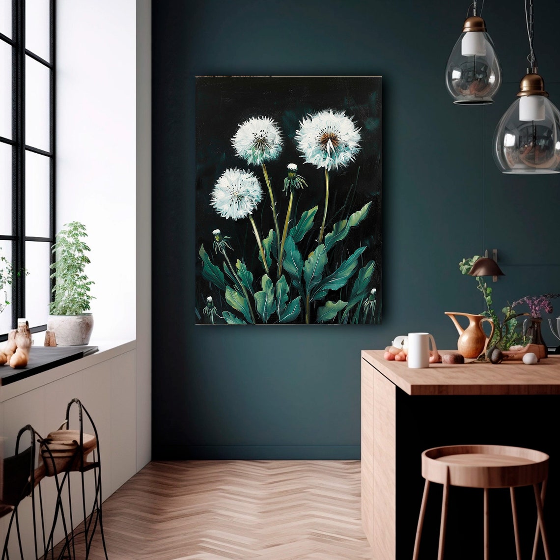 Dandelion Seed Heads Dark Green Night Botanical Artwork Poster - Image 5
