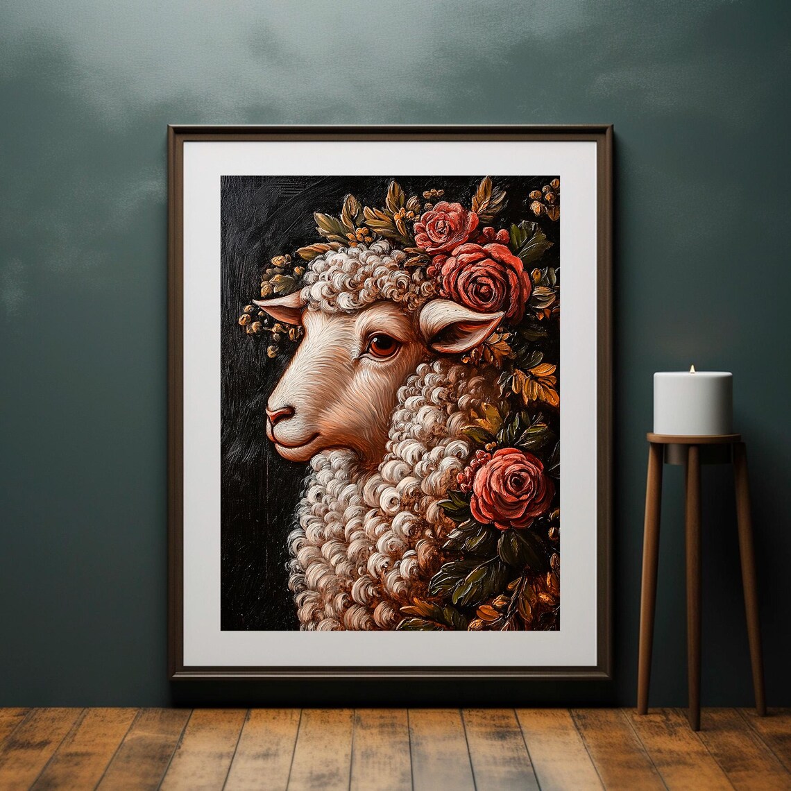 Floral Crown Lamb Portrait Red Roses Dark Moody Animal Art Poster - Image 4