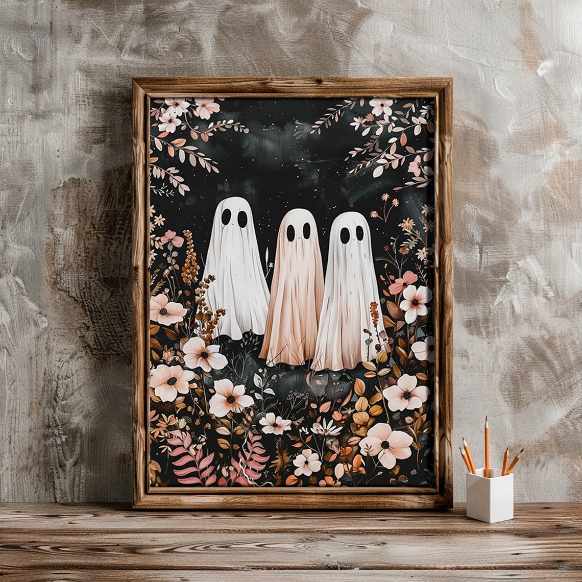 Cute Ghosts In Flower Garden Sweet Spooky Halloween Art Print - Image 4