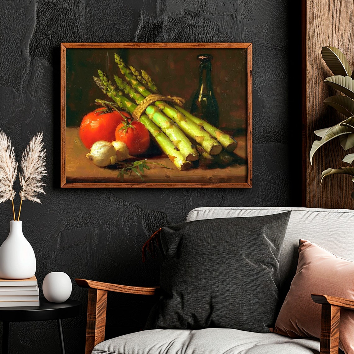 Asparagus Tomato Print Moody Kitchen Wall Decor Dark Still Life Painting Rustic Farmhouse Vegetable Wall Art - Image 4