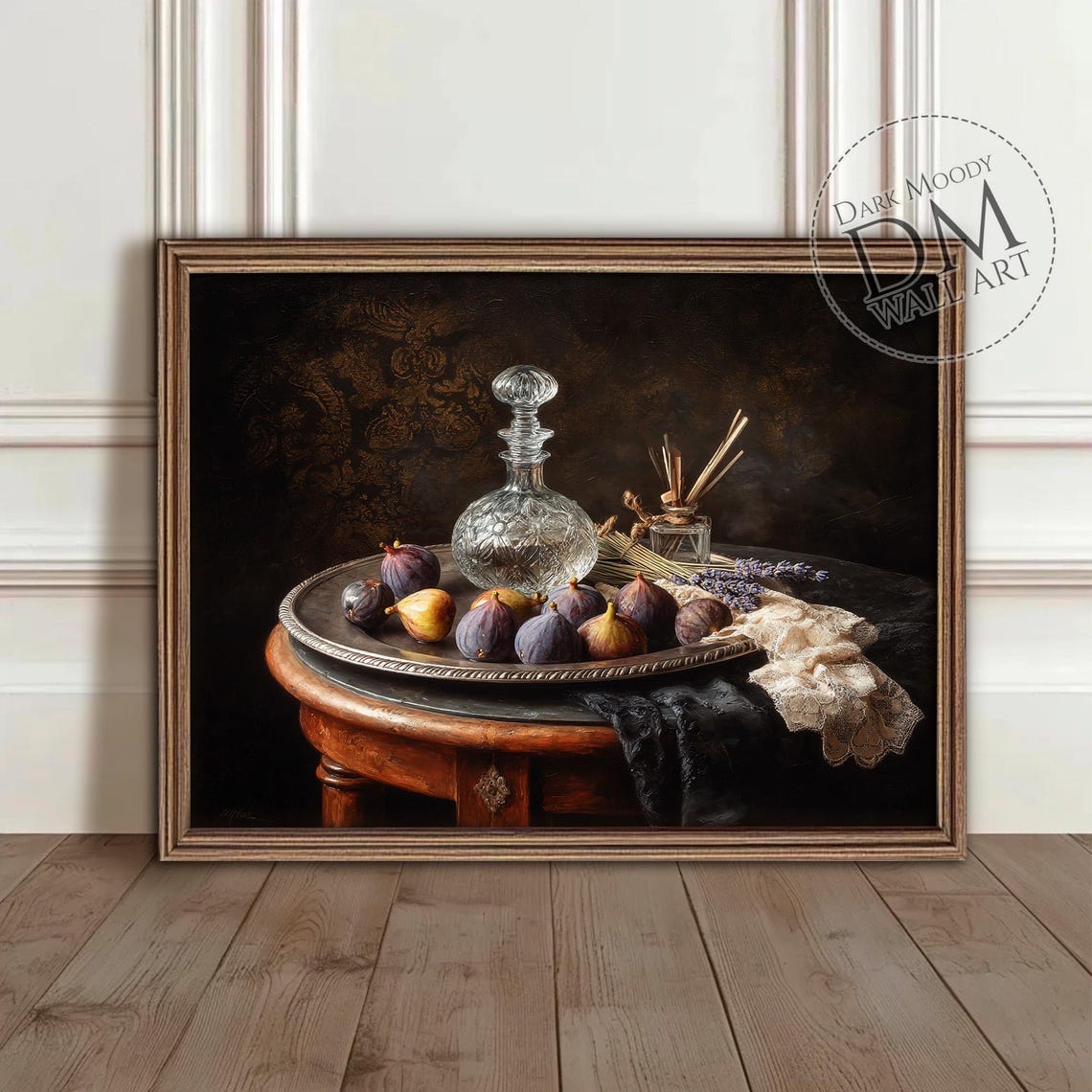 Figs and Crystal Decanter Dark Moody Victorian Still Life Wall Art