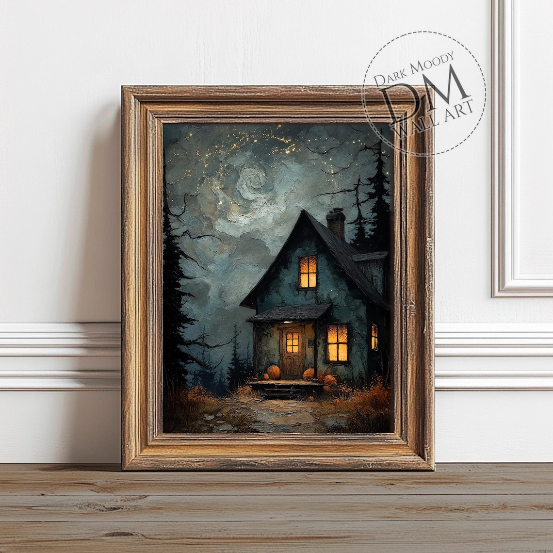 Haunted House Halloween Night Glowing Windows Pumpkins Gothic Art Print