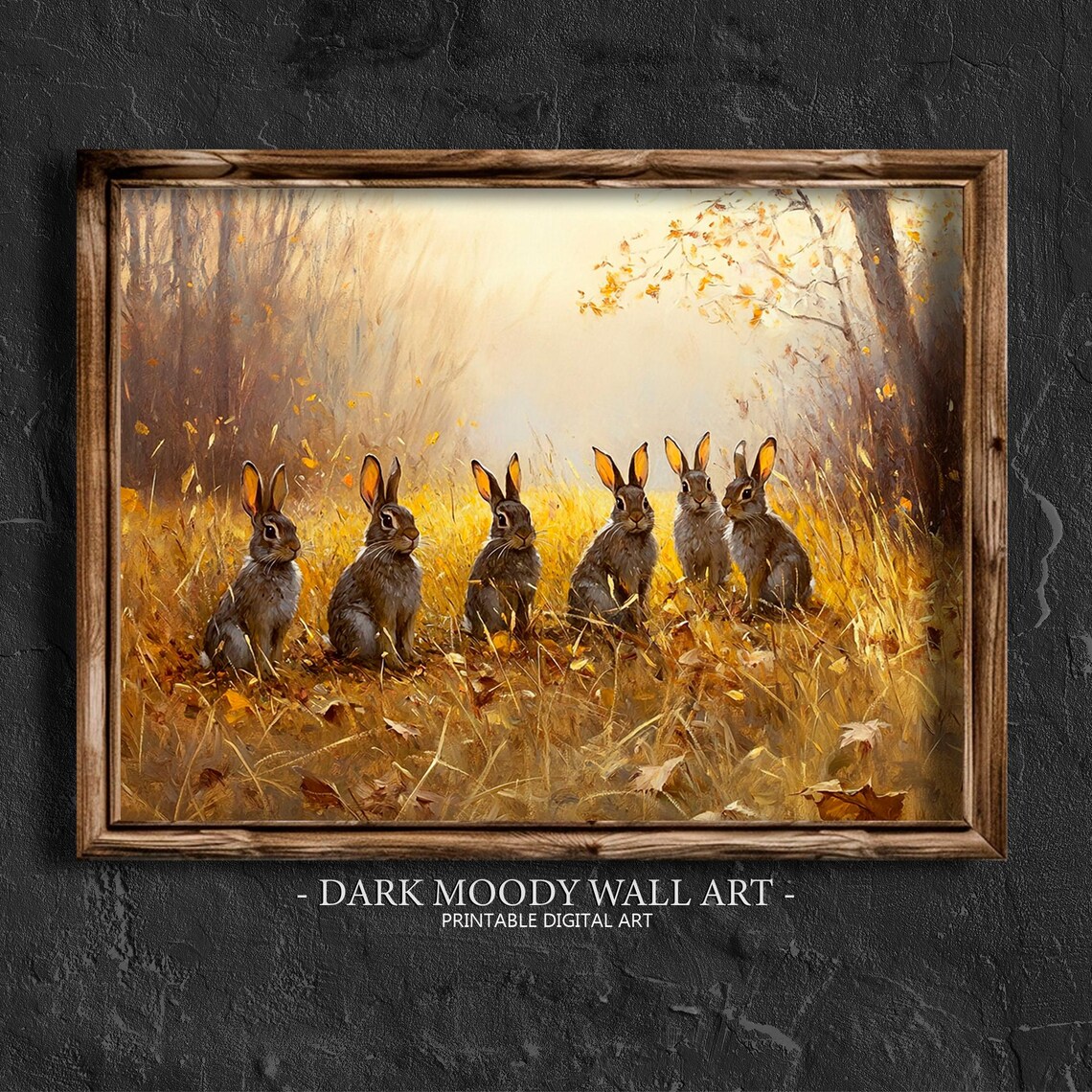 Six Rabbits Golden Meadow Autumn Morning Wildlife Painting Wall Art