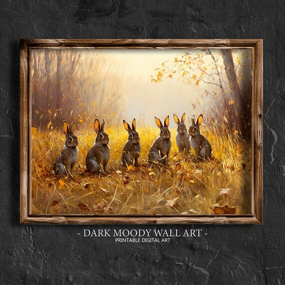 Six Rabbits Golden Meadow Autumn Morning Wildlife Painting Wall Art