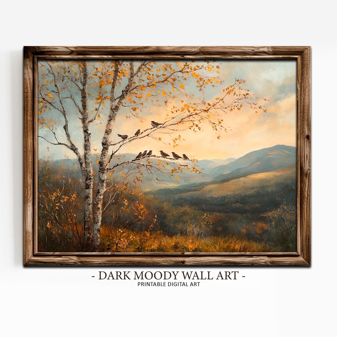 Golden Birch Trees With Birds Autumn Valley Sunset Landscape Oil Painting Poster - Image 4
