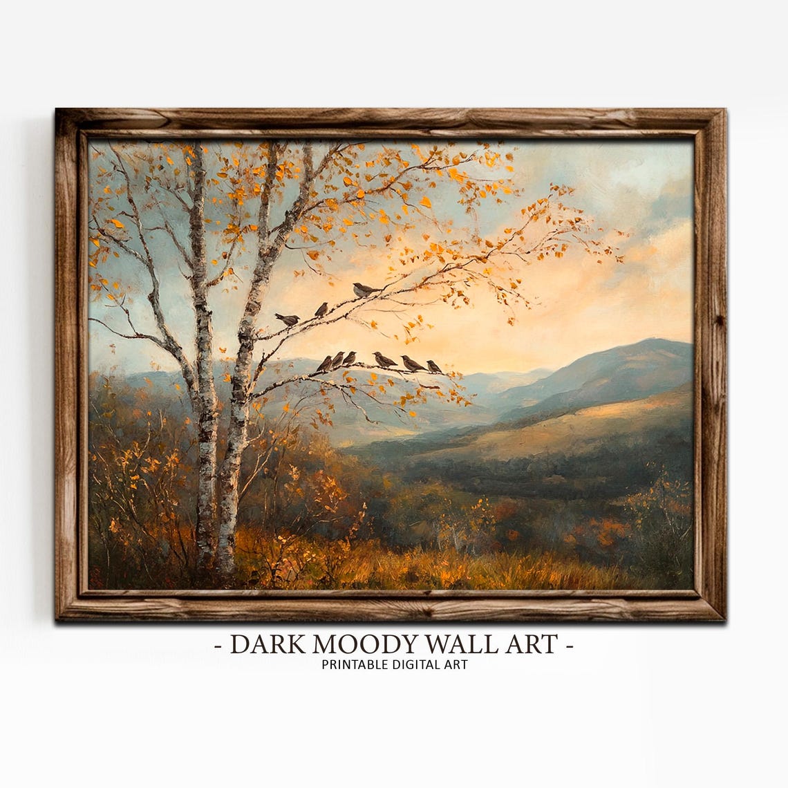 Sparrow Birds On Tree Fall Prints Moody Autumn Mountain Landscape Painting Vintage Moody Fall Wall Art - Image 4