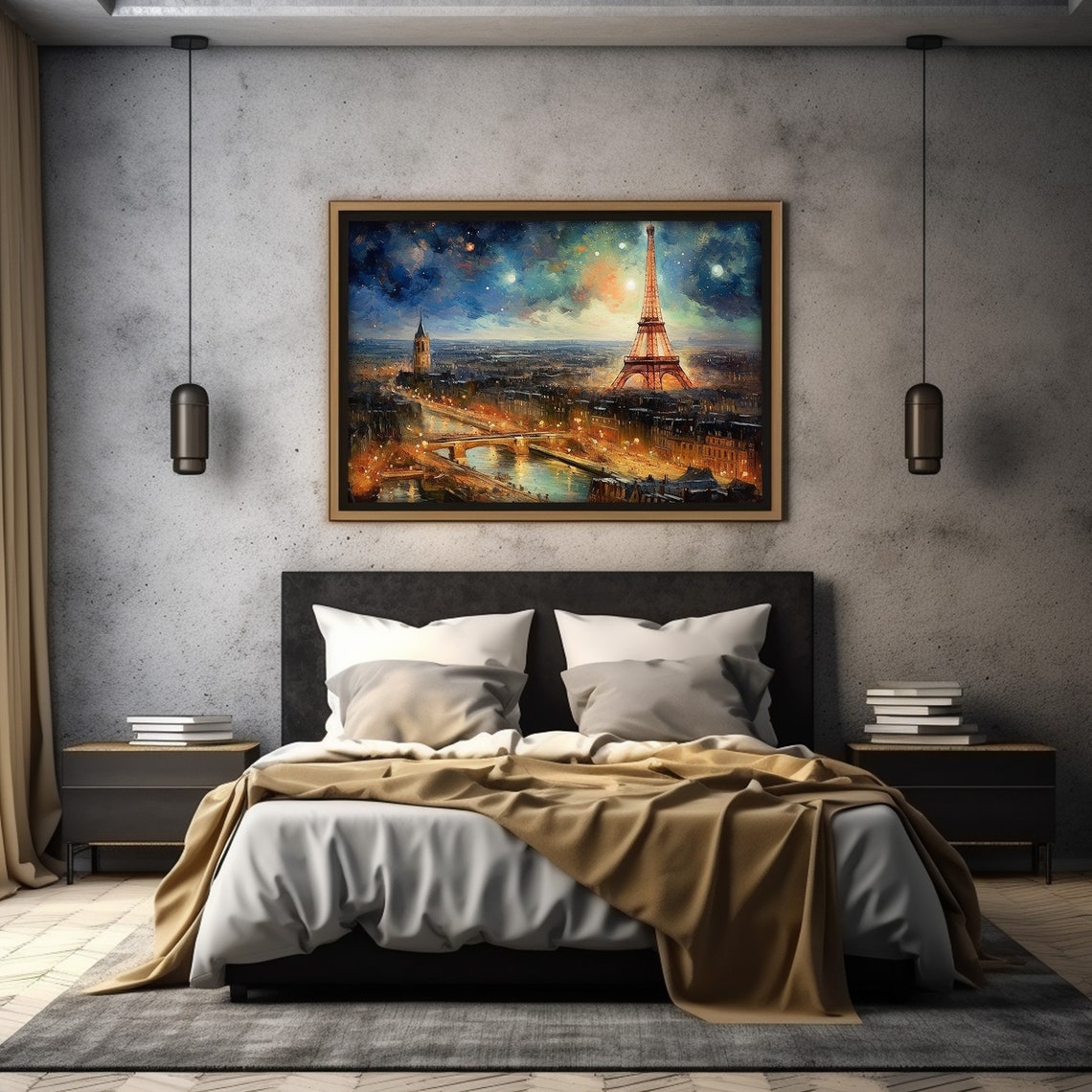 Paris Night Eiffel Tower Cityscape Starry Sky Painting Poster - Image 4