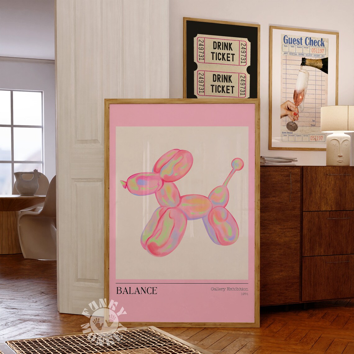 Dog Balloon Preppy Retro Art Print, Pink Aesthetic