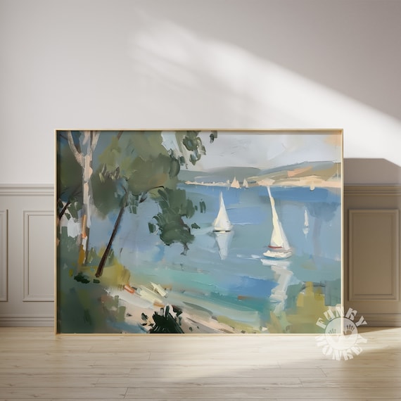 Impressionist Sailboat Bay Coastal Painting Blue Green Seascape Wall Art
