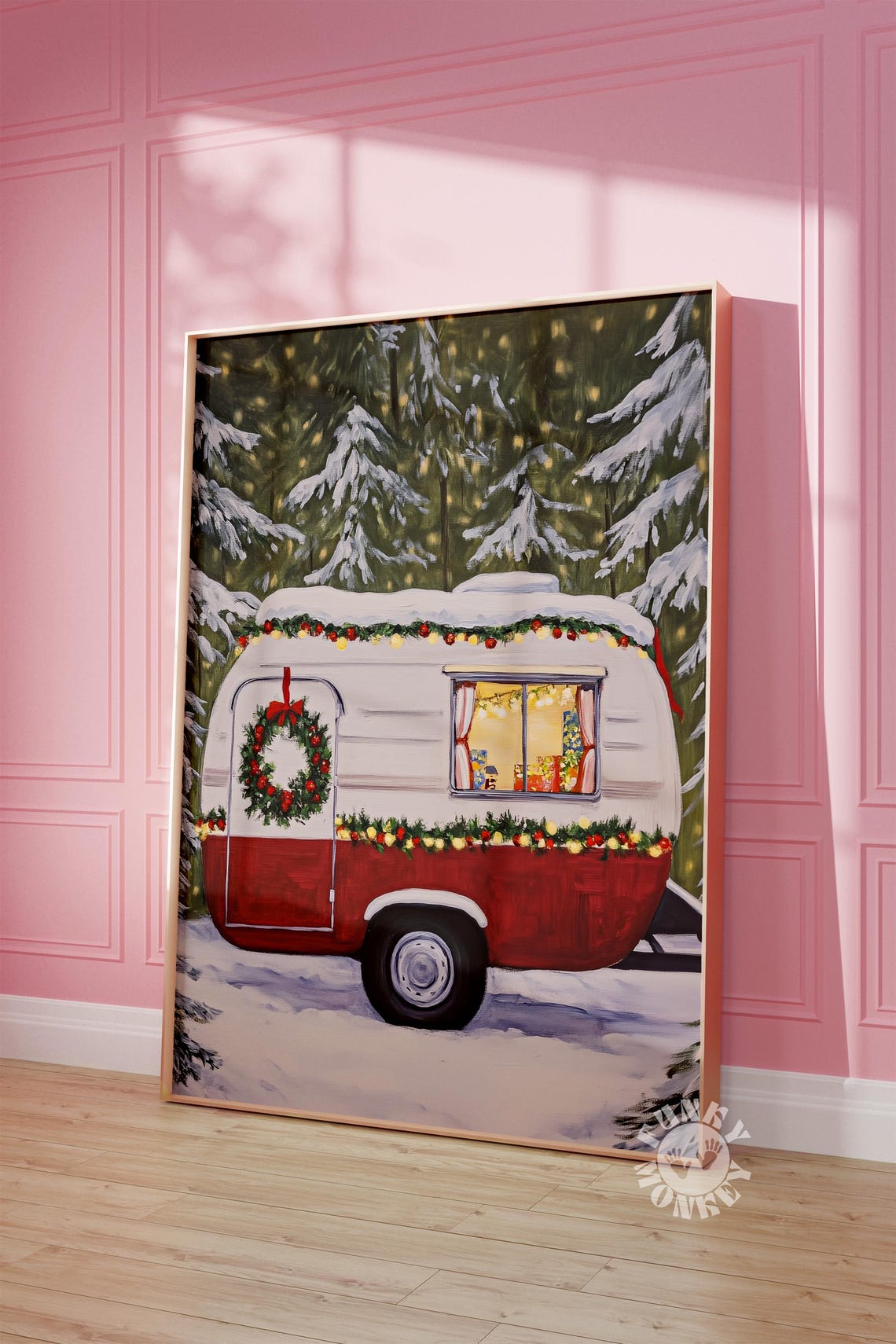 Vintage Red And White Christmas Camper Trailer In Snowy Pines Poster