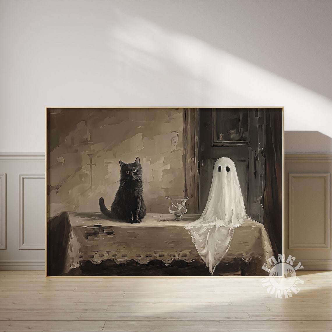 Black Cat and Ghost Candlelit Rustic Vintage Halloween Art Print