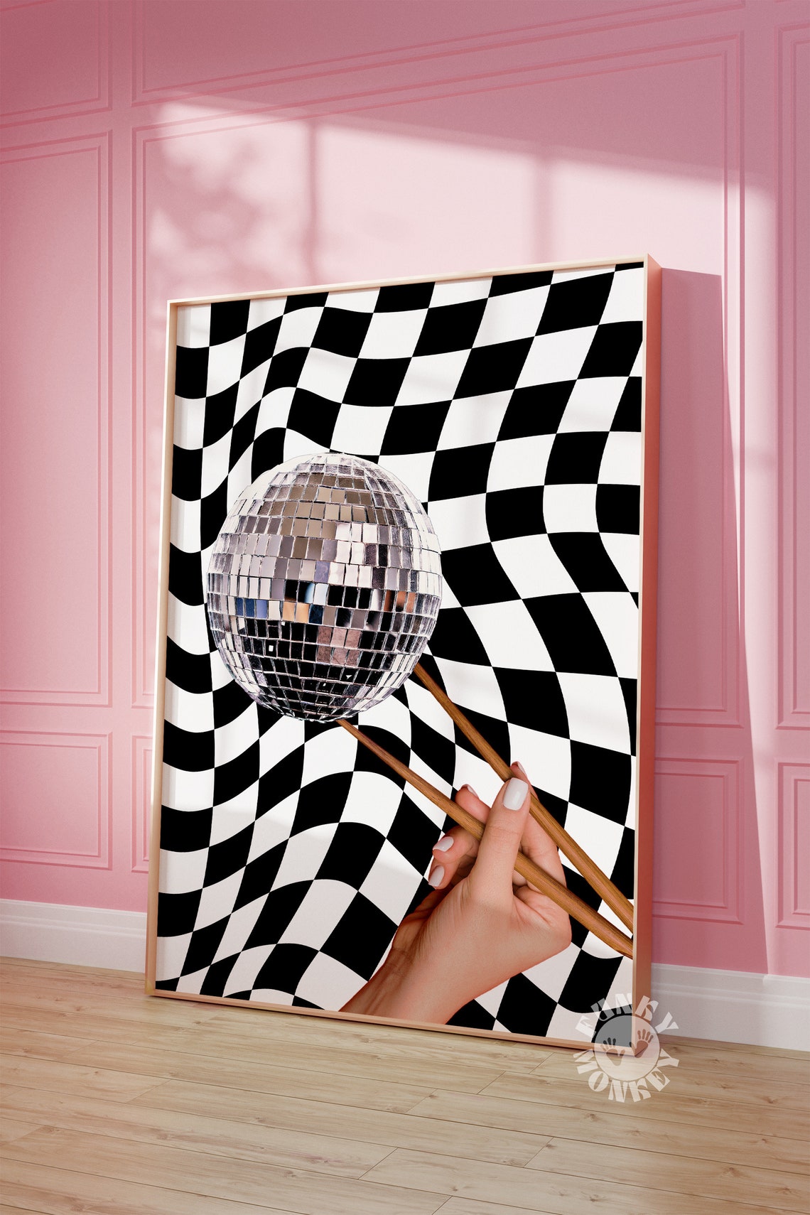 Disco Ball Chopsticks Held Over Wavy Black White Checkered Wall Poster