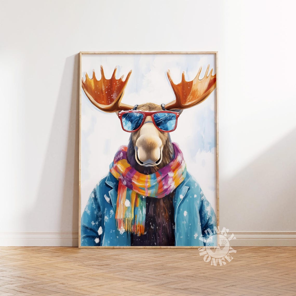 Stylish Moose in Red Sunglasses and Striped Scarf Snowy Winter Poster