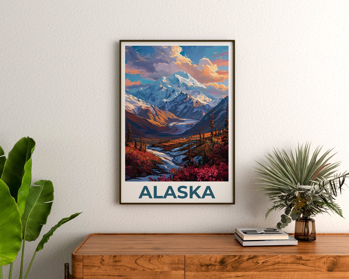 Alaska Snowy Mountain Glacier Valley Autumn Colors Travel Poster - Image 3