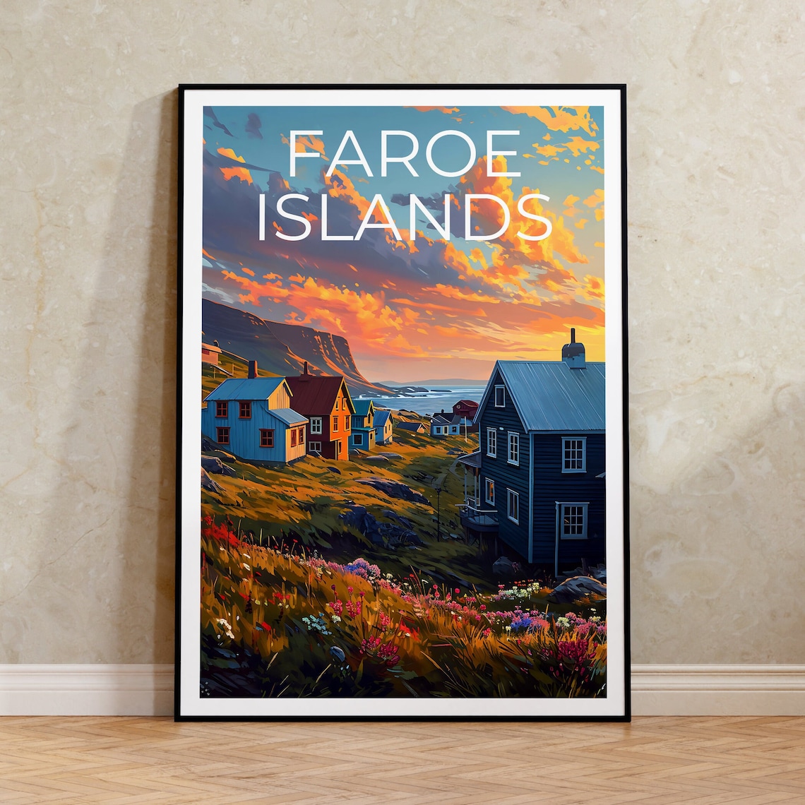 Faroe Islands Coastal Village Colorful Houses Sunset Sky Travel Poster