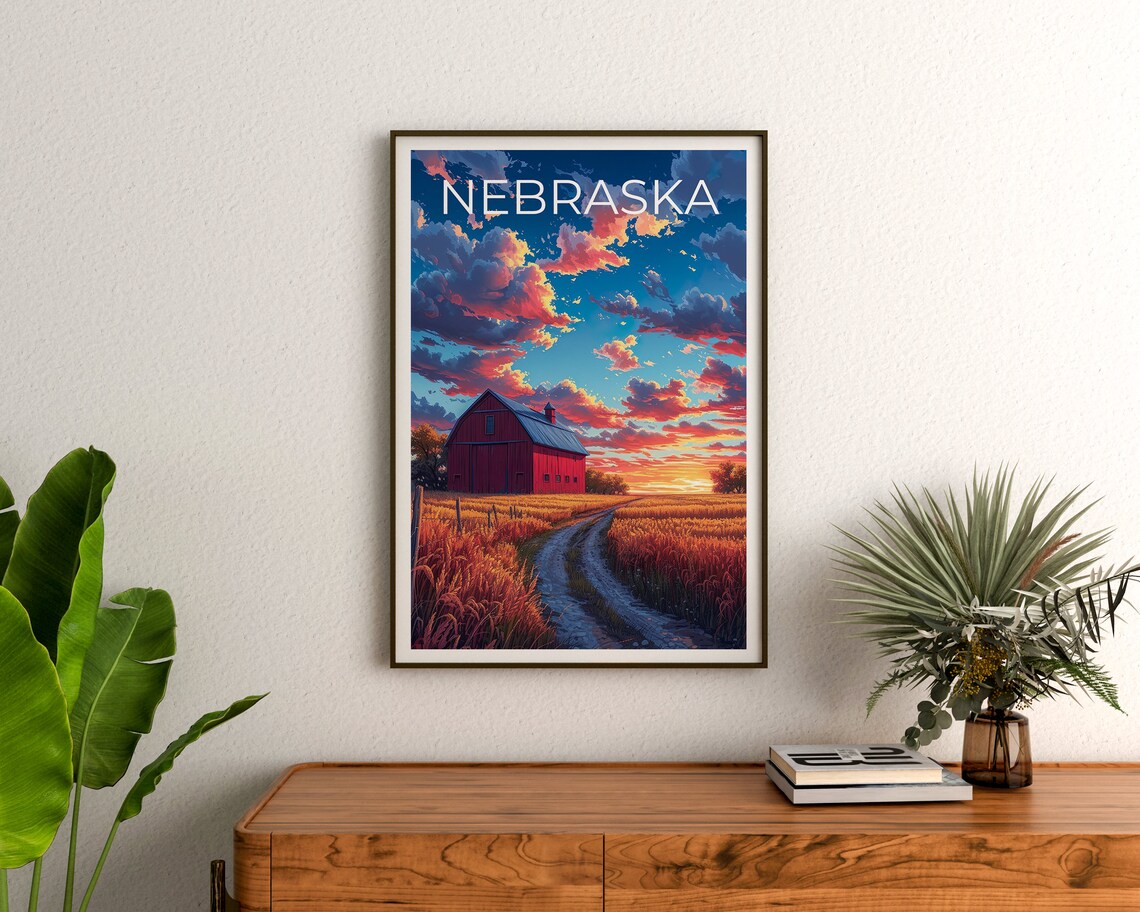 Nebraska Prairie Red Barn Golden Wheat Field Sunset Travel Poster - Image 3