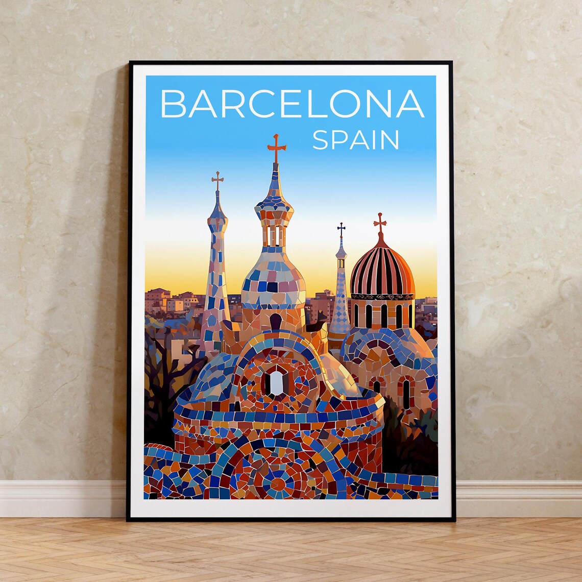 Barcelona Travel Poster, Spain City Park Guell Art Print