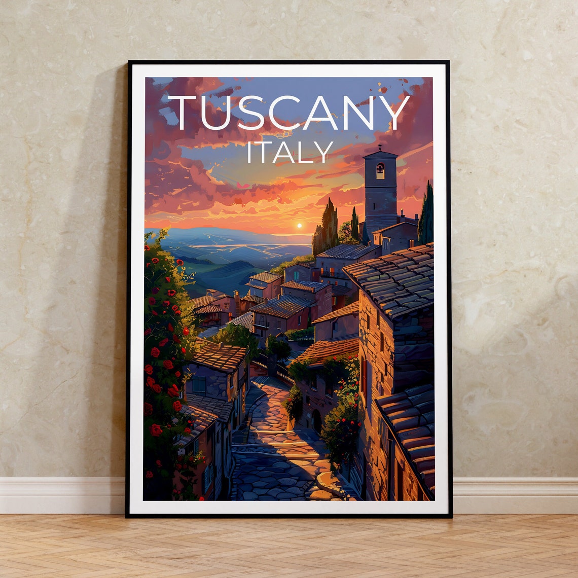 Tuscany Italy Hill Village Stone Bell Tower Sunset Valley View Poster